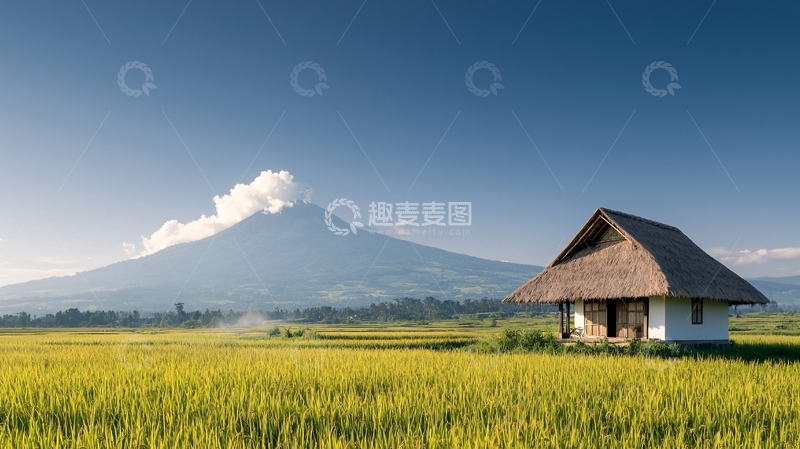 高清大图下载【趣麦麦图】小屋前的稻田远山风景