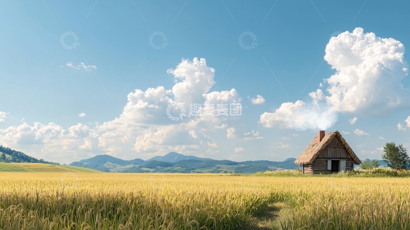 高清大图下载【趣麦麦图】田野小屋蓝天白云