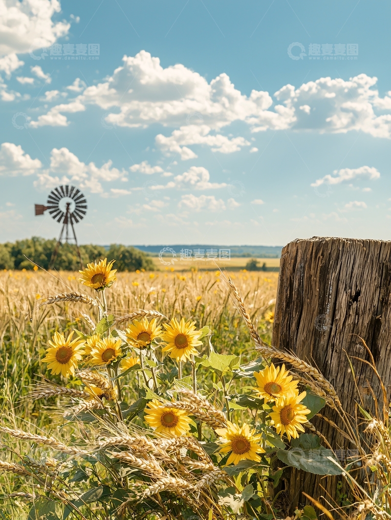 高清大图下载【趣麦麦图】金色的麦田和风车