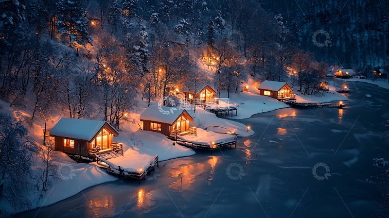 高清大图下载【趣麦麦图】冬夜湖畔小屋温馨灯火