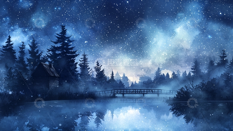 高清大图下载【趣麦麦图】星空下的宁静湖畔森林
