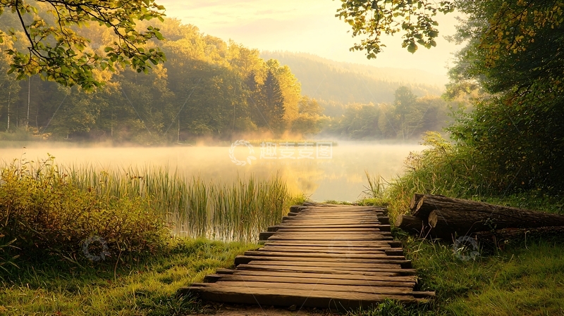高清大图下载【趣麦麦图】阳光洒在湖面上的木板路