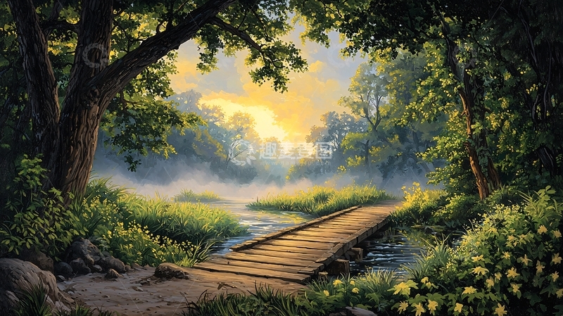 高清大图下载【趣麦麦图】森林小路晨曦薄雾