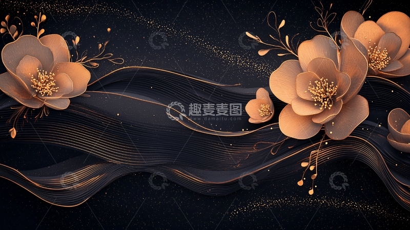 高清大图下载【趣麦麦图】金色花卉与波浪线条背景