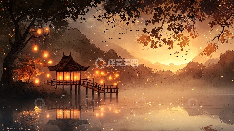 高清大图下载【趣麦麦图】宁静湖畔的灯笼小屋