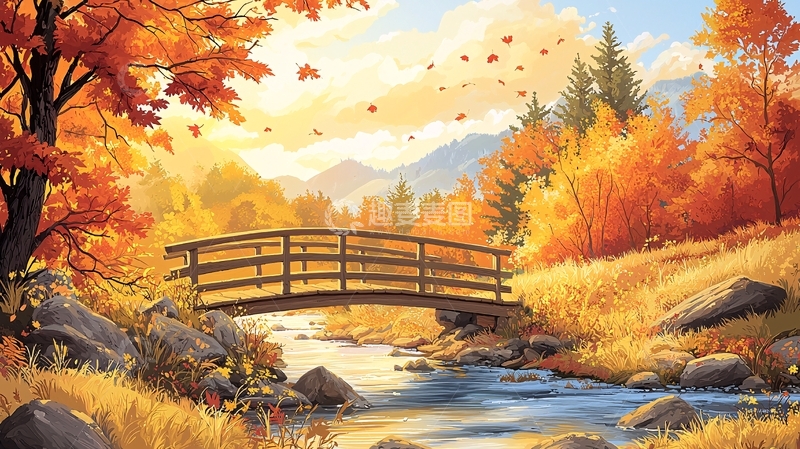 高清大图下载【趣麦麦图】秋日小桥流水风景如画