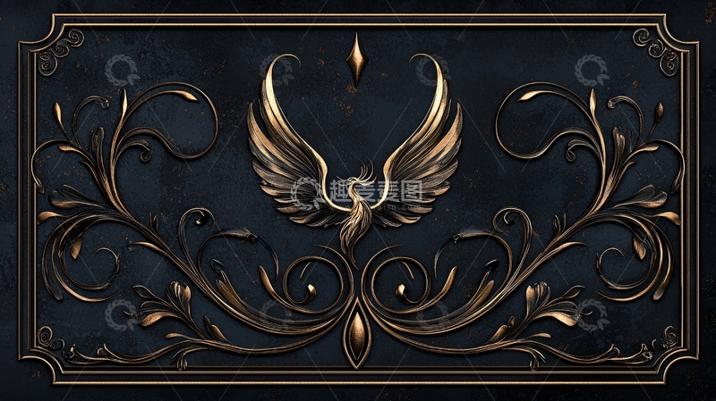 高清大图下载【趣麦麦图】金色凤凰与花卉纹饰背景
