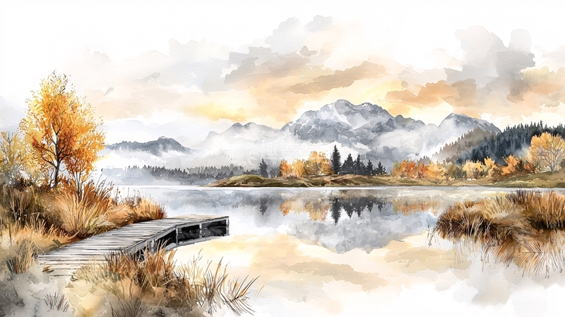 高清大图下载【趣麦麦图】秋日湖光山色水彩画