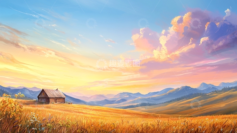 高清大图下载【趣麦麦图】金黄麦田下的农舍夕阳