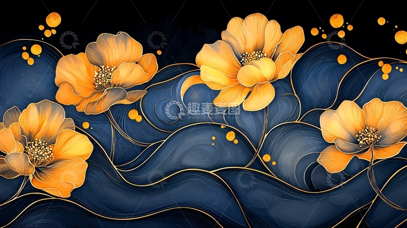 高清大图下载【趣麦麦图】金色花朵与深蓝波浪背景