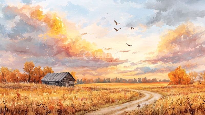 高清大图下载【趣麦麦图】金色的田野小屋天空