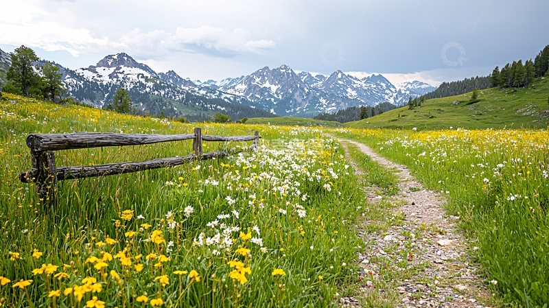 高清大图下载【趣麦麦图】鲜花盛开的田野和雪山背景