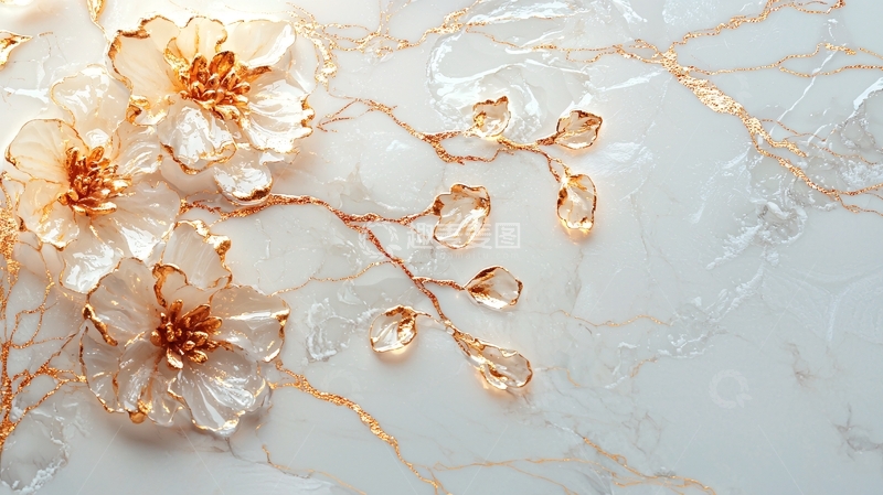 高清大图下载【趣麦麦图】金色大理石花纹背景花朵图案