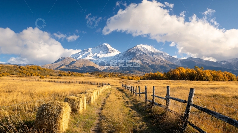 高清大图下载【趣麦麦图】金色的田野与雪山