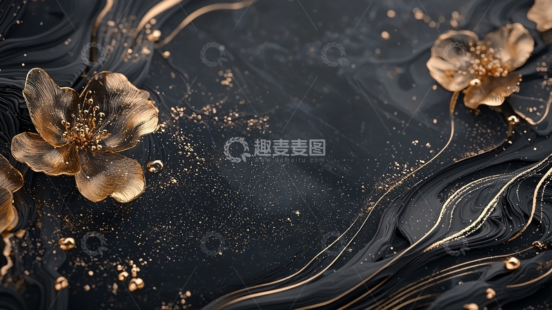 高清大图下载【趣麦麦图】金色花朵黑色背景抽象艺术