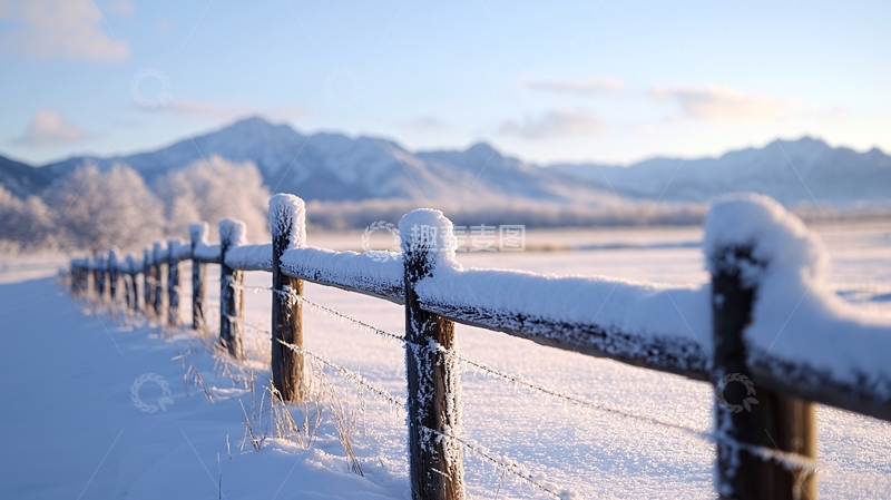 高清大图下载【趣麦麦图】雪覆盖的木栅栏和远山