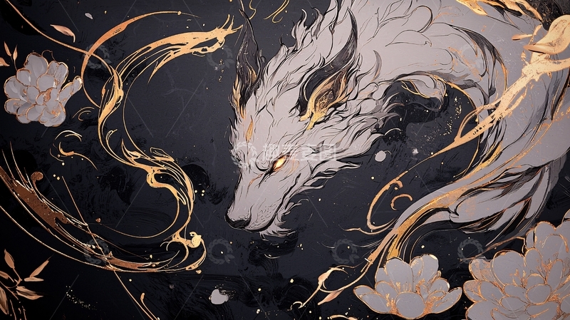 高清大图下载【趣麦麦图】神秘白狼与金色花卉