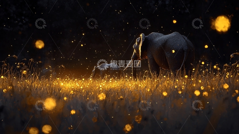高清大图下载【趣麦麦图】夜晚草原上的大象与幼崽