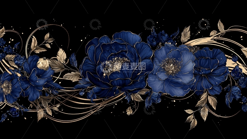 高清大图下载【趣麦麦图】深蓝花卉金色线条背景图