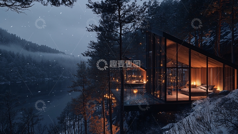 高清大图下载【趣麦麦图】冬夜森林中的玻璃屋