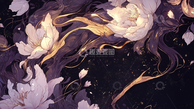 高清大图下载【趣麦麦图】梦幻夜空中的花朵飘落