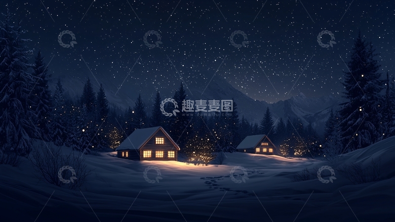 高清大图下载【趣麦麦图】冬夜雪景中的小屋