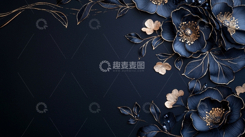 高清大图下载【趣麦麦图】深蓝金色花卉背景素材