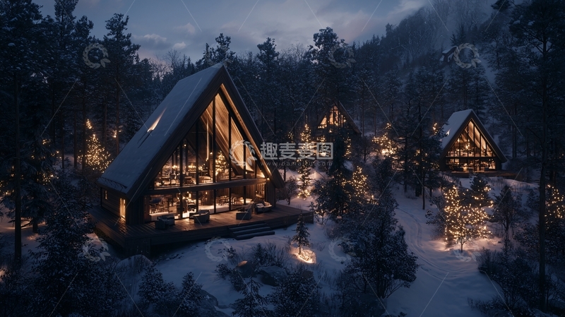 高清大图下载【趣麦麦图】冬夜雪景中的温馨小屋