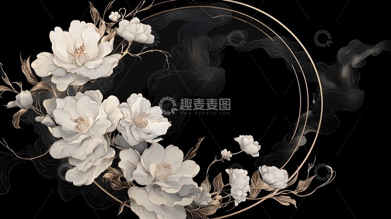 高清大图下载【趣麦麦图】黑底金色花卉艺术插画