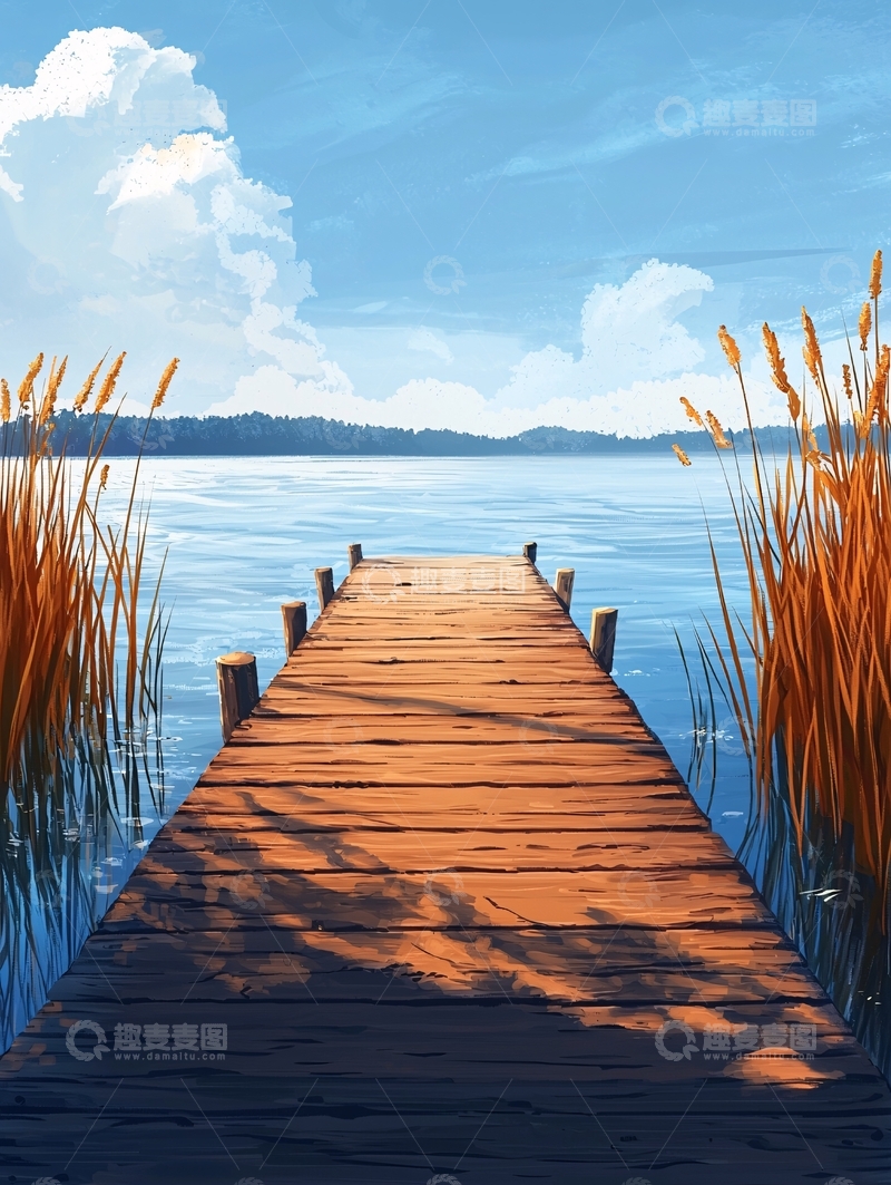 高清大图下载【趣麦麦图】湖边木栈道风景如画