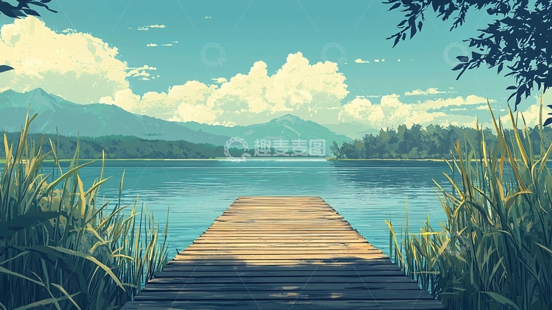 高清大图下载【趣麦麦图】宁静的湖面与木质栈桥