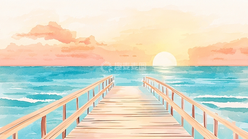 高清大图下载【趣麦麦图】海上木栈道日出美景