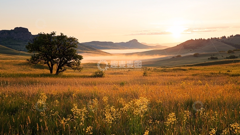 高清大图下载【趣麦麦图】晨曦中的草原孤树
