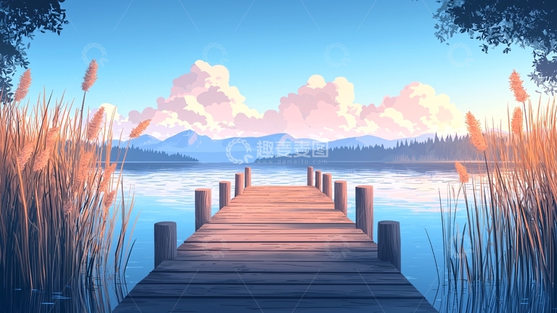 高清大图下载【趣麦麦图】湖边木栈桥高清图片