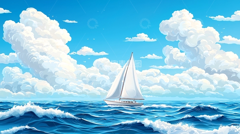 高清大图下载【趣麦麦图】海上帆船白云蓝天图