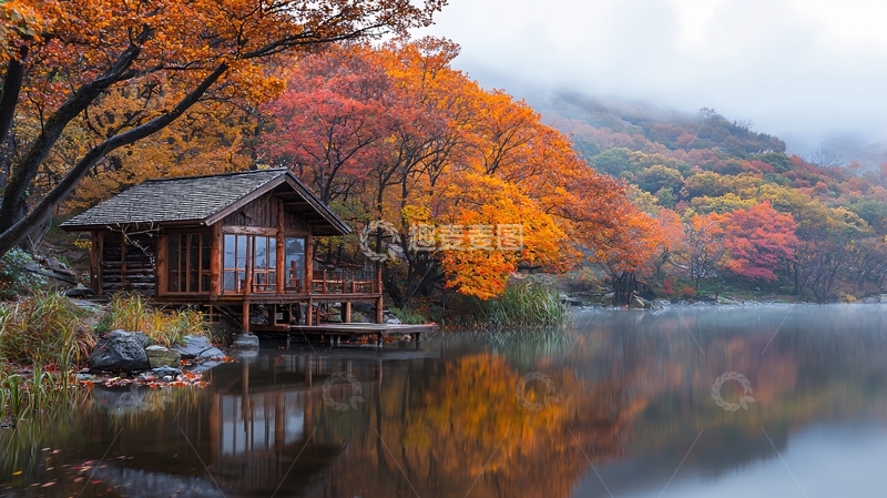 高清大图下载【趣麦麦图】秋季湖边小木屋