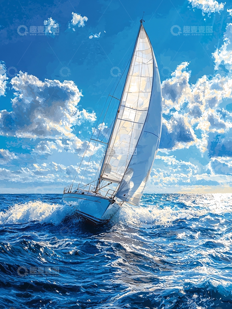 高清大图下载【趣麦麦图】蓝色大海上的白色帆船