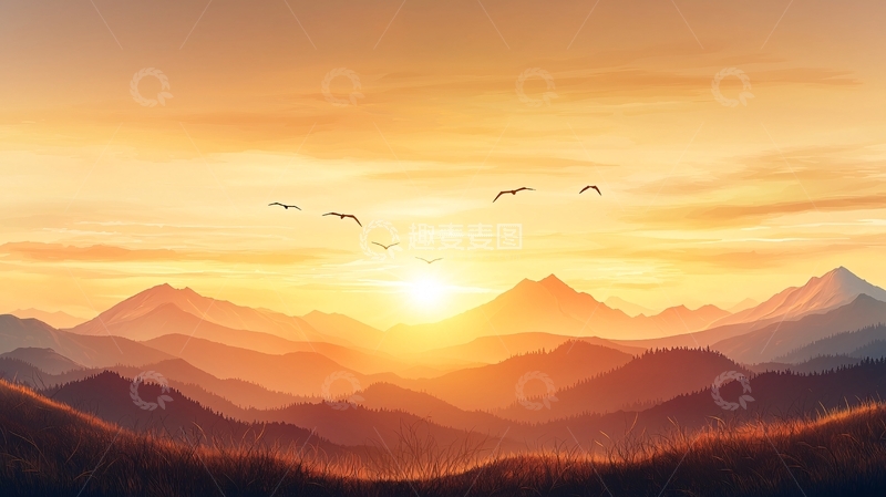 高清大图下载【趣麦麦图】日落山间鸟瞰图