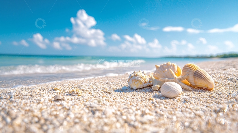 高清大图下载【趣麦麦图】海滩上的贝壳与蓝天白云