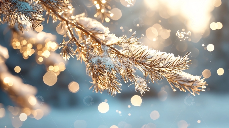 高清大图下载【趣麦麦图】冬日雪景松枝光斑背景