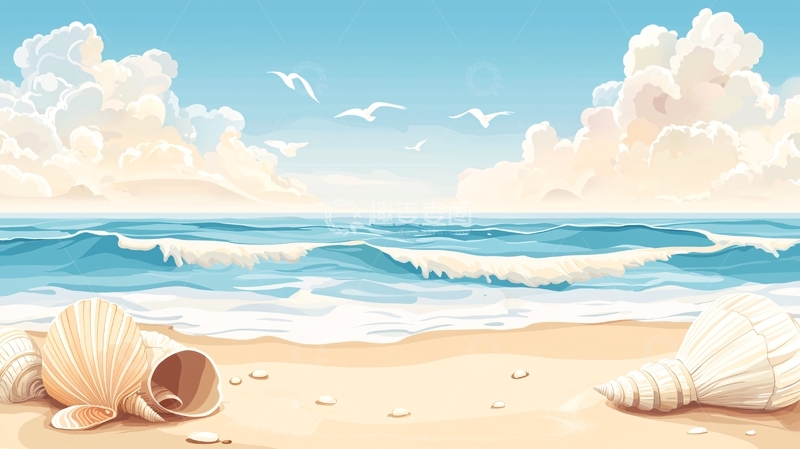 高清大图下载【趣麦麦图】海滩风景水彩画