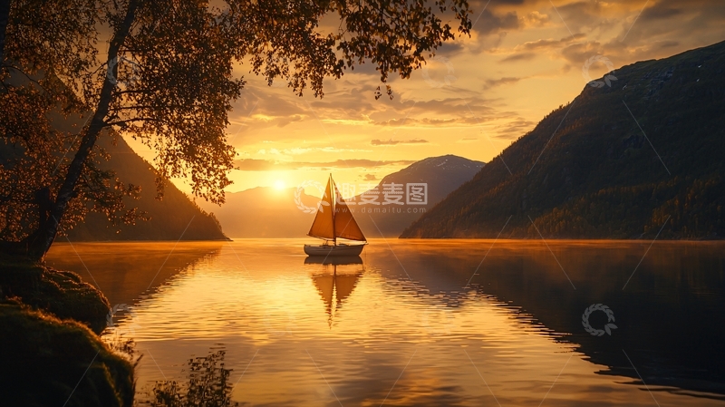 高清大图下载【趣麦麦图】夕阳下的帆船与宁静湖泊
