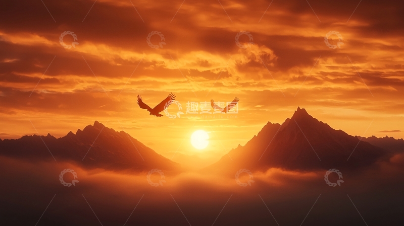 高清大图下载【趣麦麦图】日落山间雄鹰飞翔