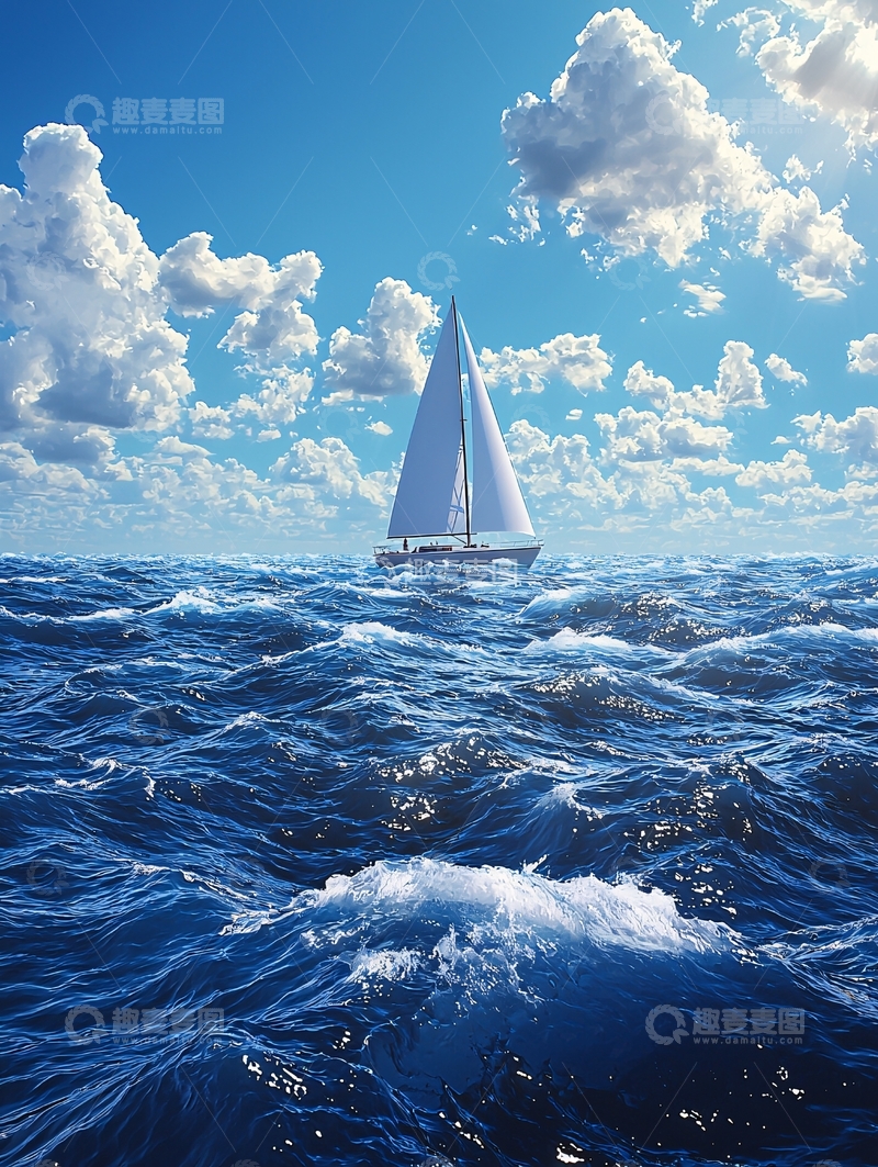 高清大图下载【趣麦麦图】蓝色大海中的白色帆船