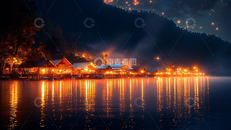 高清大图下载【趣麦麦图】夜晚湖边木屋灯光倒影