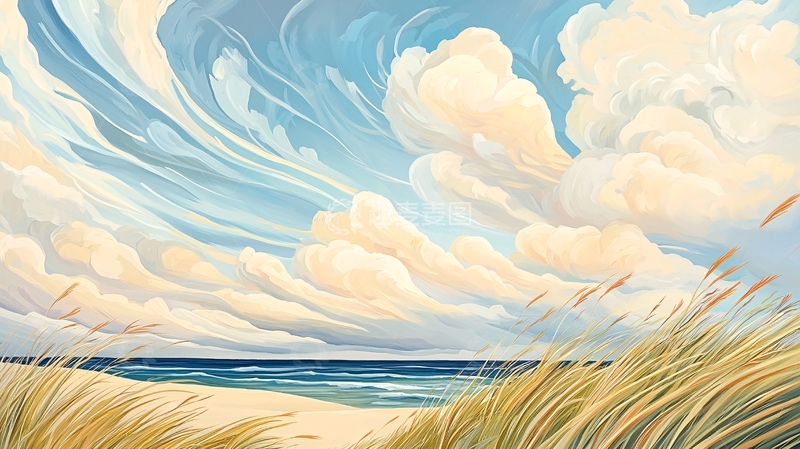 高清大图下载【趣麦麦图】海滩上的芦苇与云彩