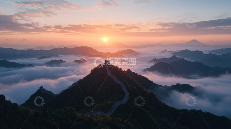 高清大图下载【趣麦麦图】长城日出云海壮丽景色