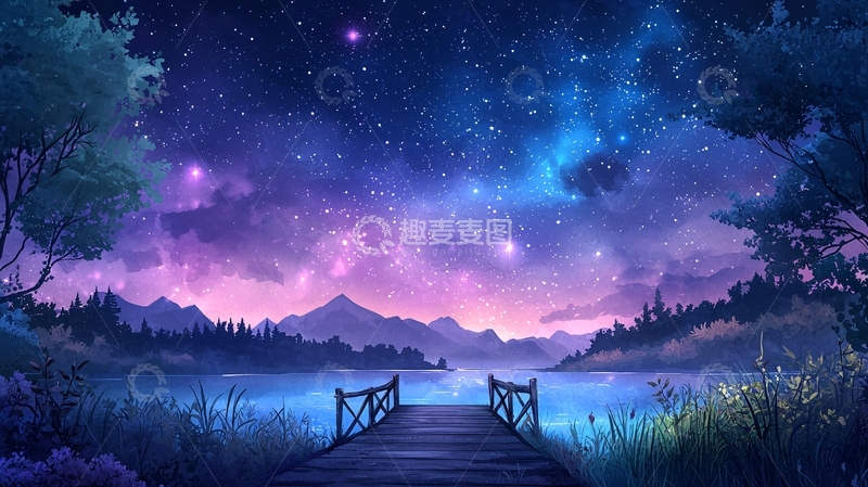 高清大图下载【趣麦麦图】星空下的湖边美景