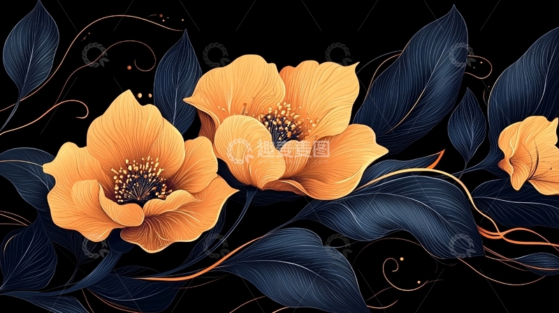 高清大图下载【趣麦麦图】橙色花朵与深蓝叶子的艺术插画