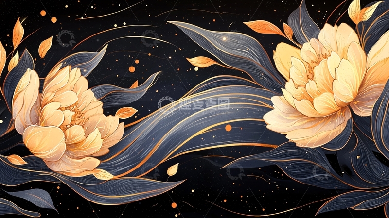 高清大图下载【趣麦麦图】金色花朵与夜空的艺术插画